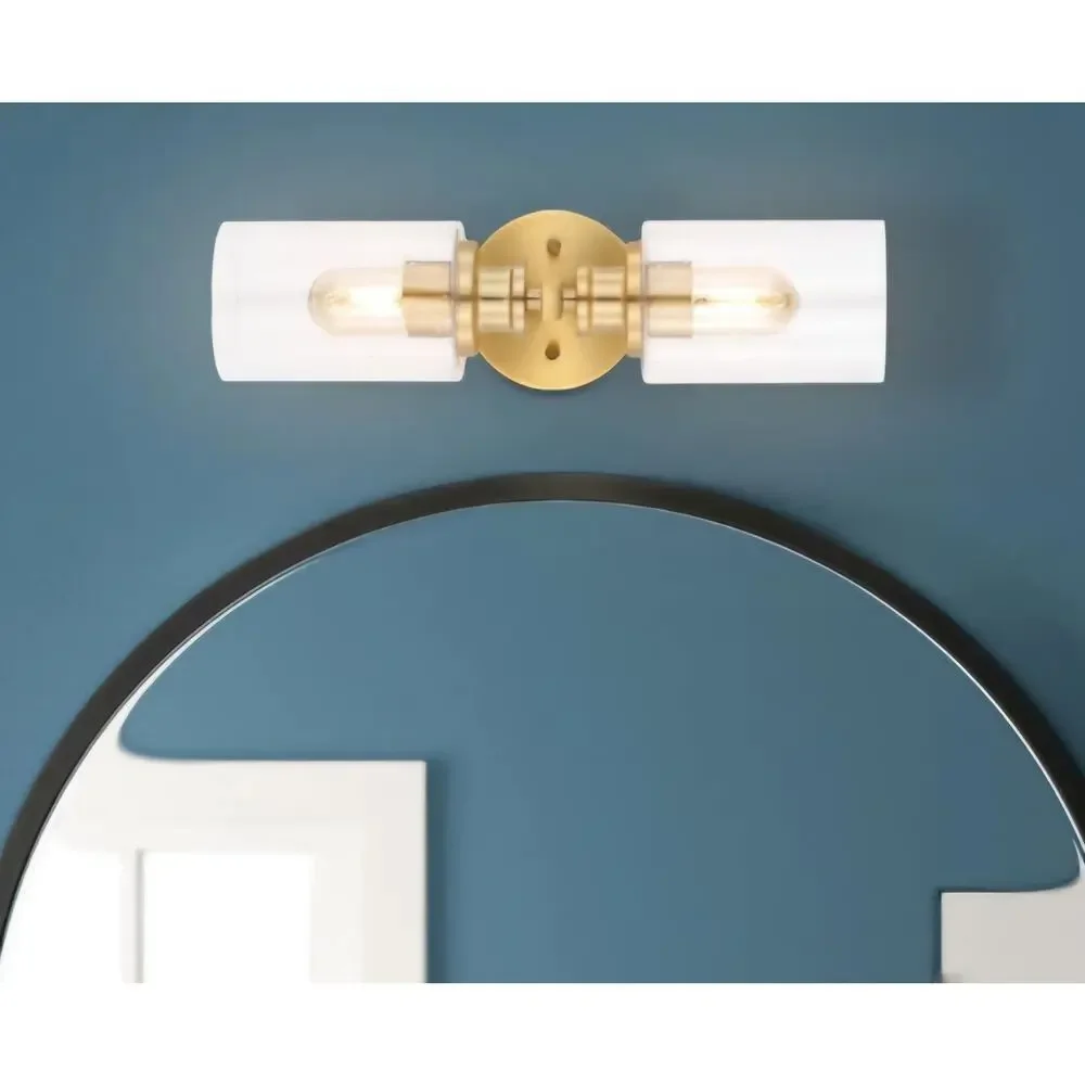 Modern Boho 2-Light Brass Gold Seeded Glass Wall Vanity Fixture LED